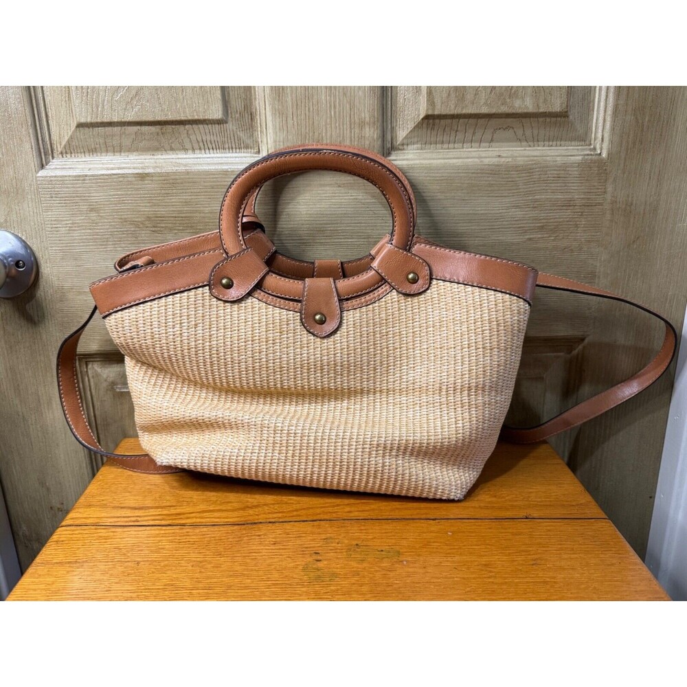 Fossil Straw Bag w Embroidered Flowers Leather Handle Trim - Picture 2 of 6